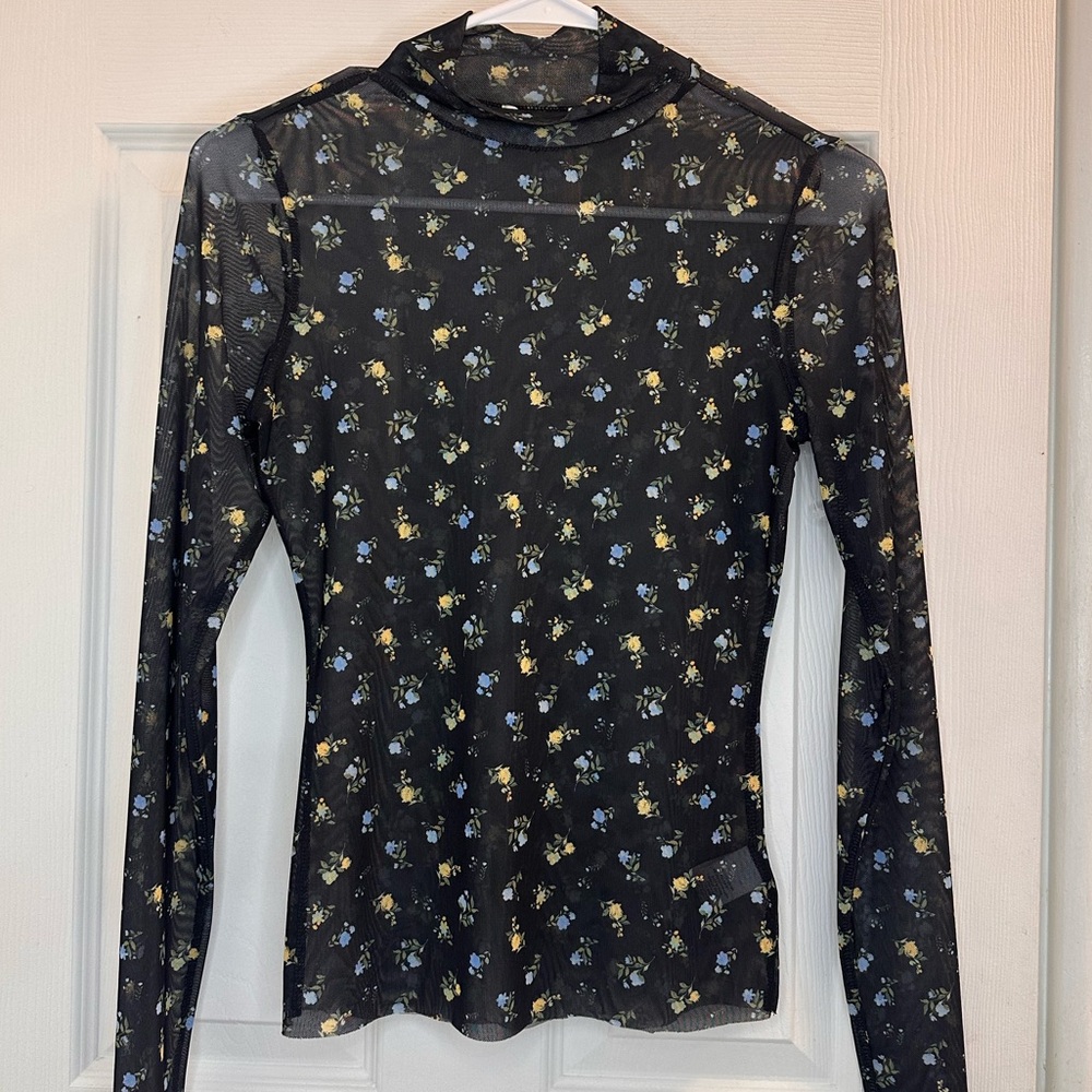 AFRM Los Angeles Zadie Mock Neck Mesh Long Sleeve Top in Black Floral size Small